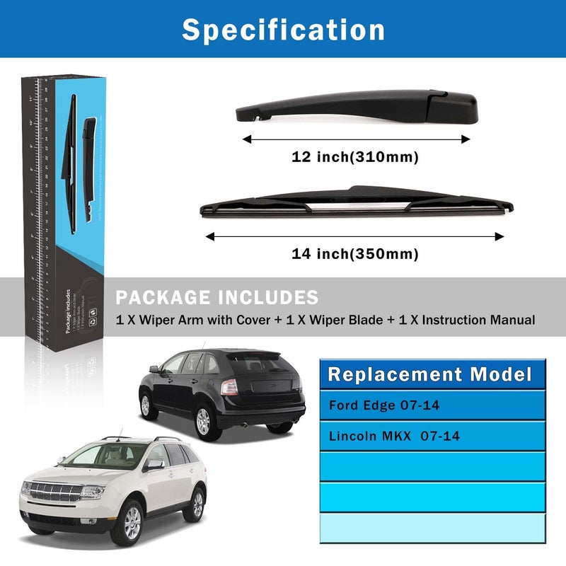 WTI Rear Wiper Arm Blade Set Compatible With Ford Edge 2007-2014 / Compatible With Lincoln MKX 2007-2014 SUV Rear Windshield Window Wiper Kits Assembly New Replacement Fit 9T4Z17526F 9T4Z17526-F - Image 5